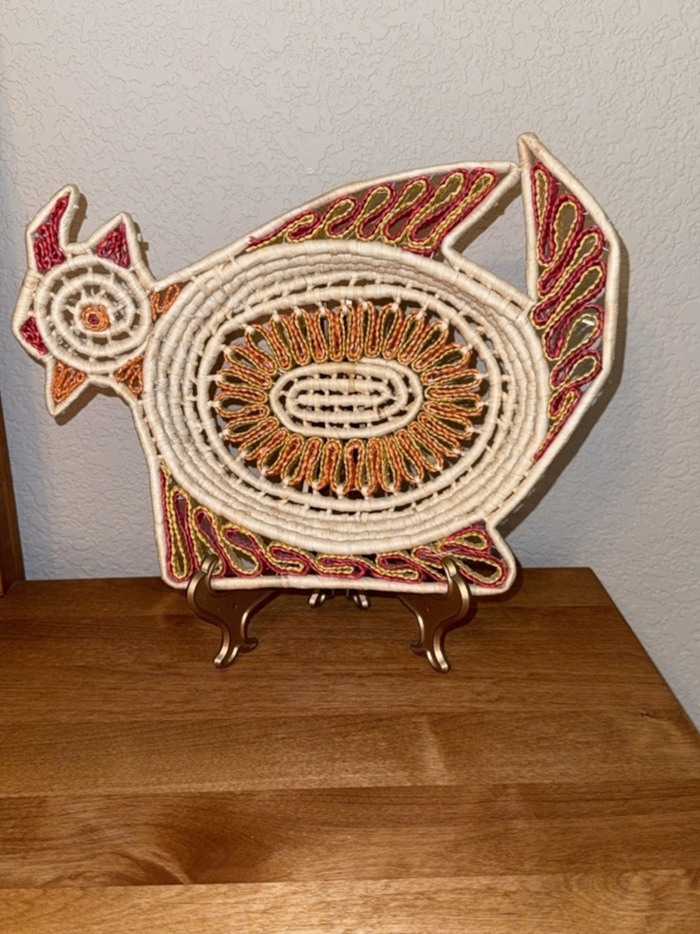 Decorative Folk Art Woven Sweet Grass Basket in the Shape Of Rooster Orange/Red
